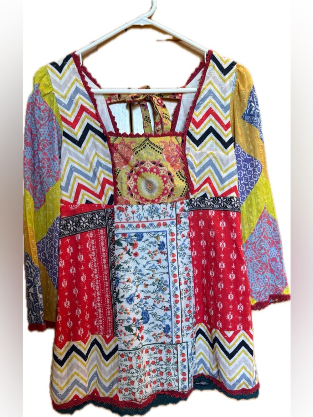Anthropologie Let Me Be Boho Patchwork Multicolor Women's Peasant Top